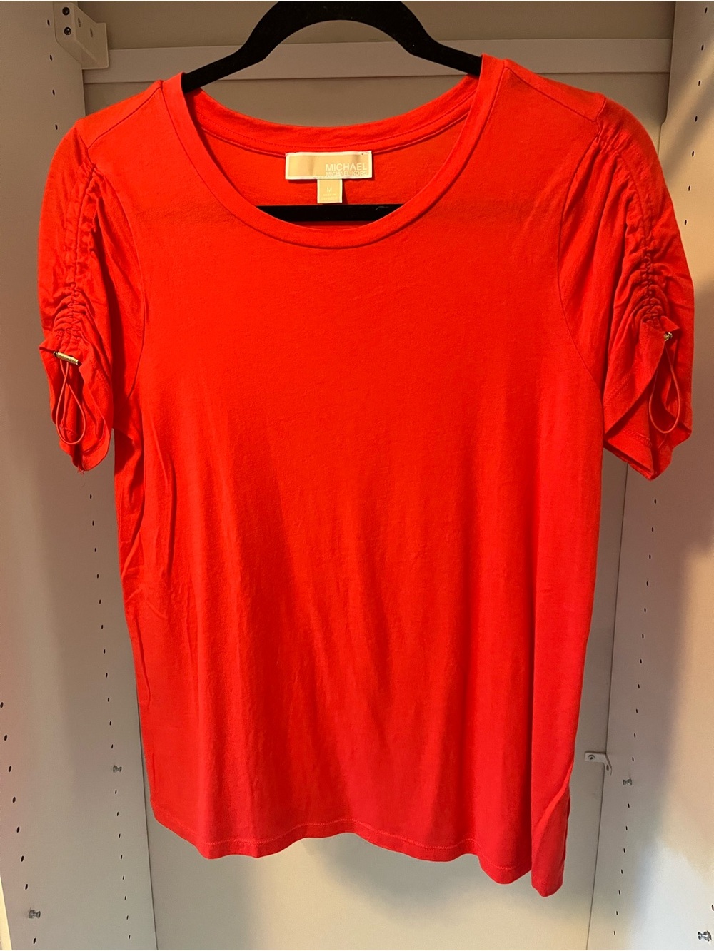 Michael Kors Bright Red Short-Sleeve Crewneck Tee with Ruched Sleeves